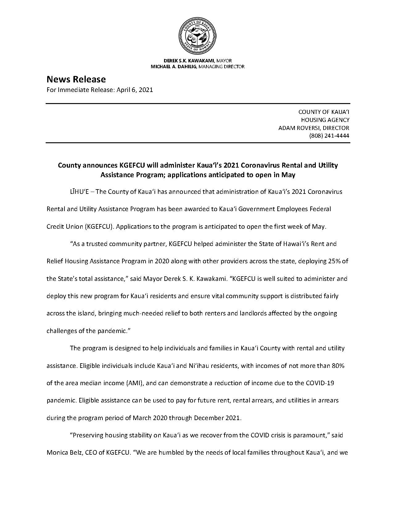 Kauai rental and utility assistance Kauai County Press Release April