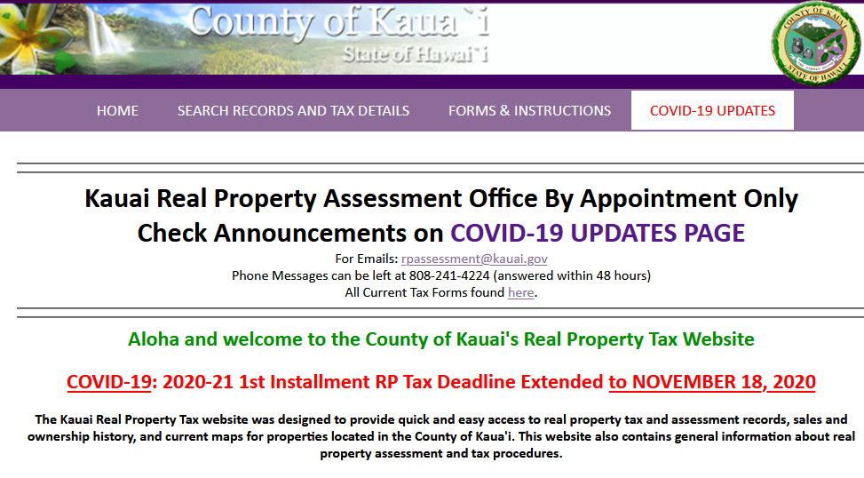 Kauai real property tax 1st installment extended to November 18, 2020